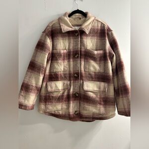 American eagle burgundy plaid button up teddy bear Sherpa lined jacket